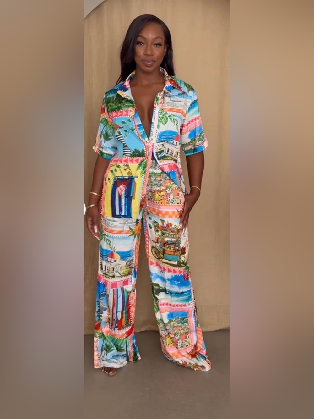 Endless Moon women Multicolor Scenic Print Collared Button Wide-Leg 2piece sets